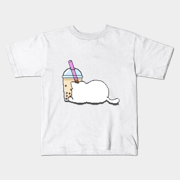 Pixel Cat Loves Boba Tea! Kids T-Shirt by SirBobalot